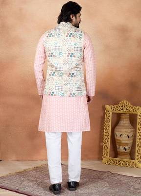 Beige jacquard 3 peice  kurta jacket set for men 3