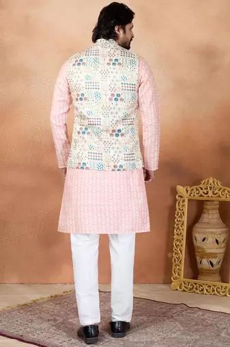 Beige jacquard 3 peice  kurta jacket set for men
