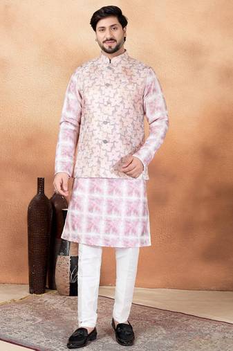 Pink jacquard 3 peice  kurta jacket set for men