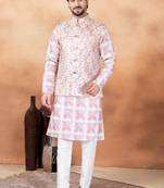Pink jacquard 3 peice  kurta jacket set for men