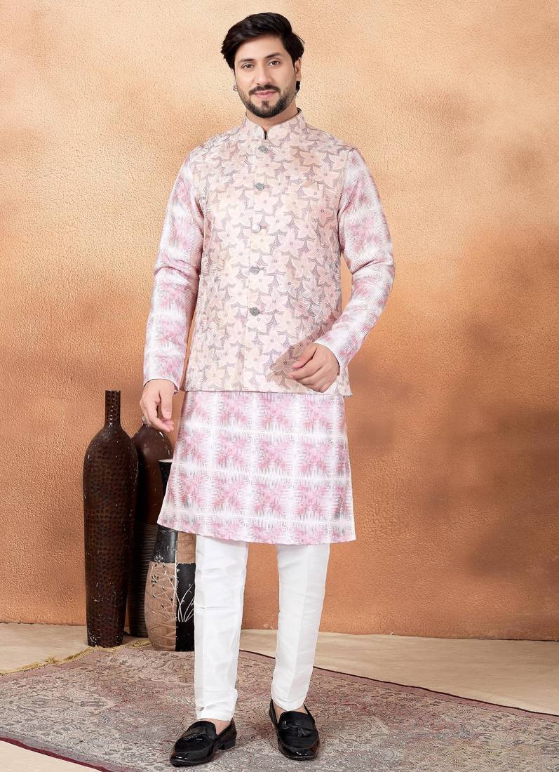 Pink jacquard 3 peice  kurta jacket set for men