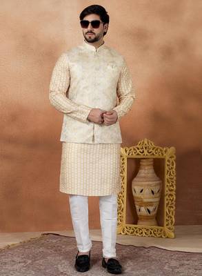 Gold jacquard 3 peice  kurta jacket set for men 2