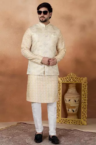 Gold jacquard 3 peice  kurta jacket set for men