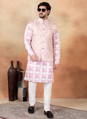 Pink jacquard 3 peice  kurta jacket set for men 2