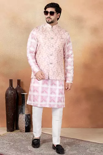 Pink jacquard 3 peice  kurta jacket set for men