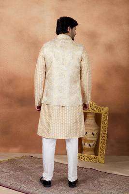 Gold jacquard 3 peice  kurta jacket set for men 3
