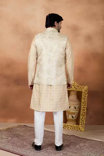 Gold jacquard 3 peice  kurta jacket set for men