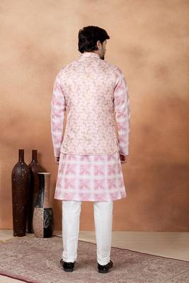 Pink jacquard 3 peice  kurta jacket set for men 3