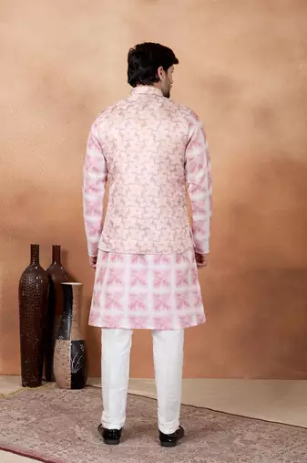 Pink jacquard 3 peice  kurta jacket set for men