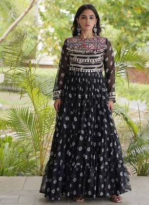 Bandhani print faux georgette gown with kutchi patchwork | 12 meter flair | m-xxl 1