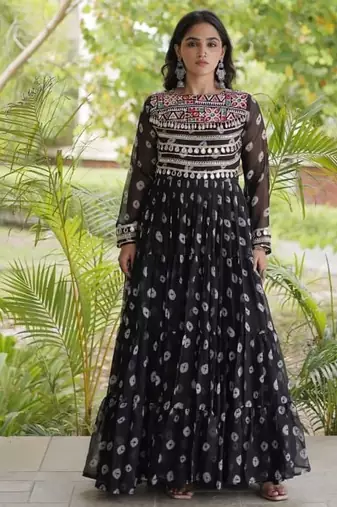 Bandhani print faux georgette gown with kutchi patchwork | 12 meter flair | m-xxl