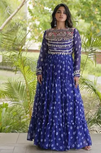 Bandhani print faux georgette gown with kutchi patchwork | 12 meter flair | m-xxl