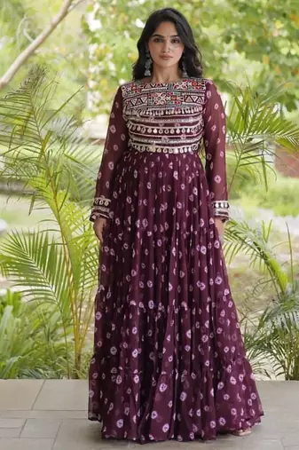 Bandhani print faux georgette gown with kutchi patchwork | 12 meter flair | m-xxl