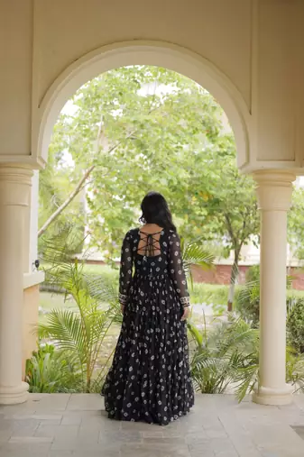 Bandhani print faux georgette gown with kutchi patchwork | 12 meter flair | m-xxl