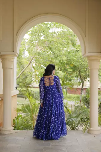 Bandhani print faux georgette gown with kutchi patchwork | 12 meter flair | m-xxl