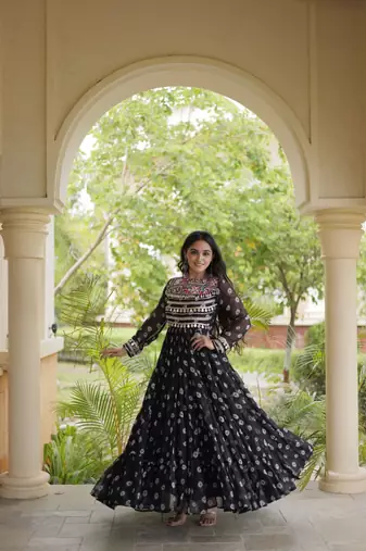 Bandhani print faux georgette gown with kutchi patchwork | 12 meter flair | m-xxl