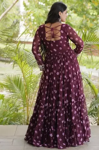 Bandhani print faux georgette gown with kutchi patchwork | 12 meter flair | m-xxl