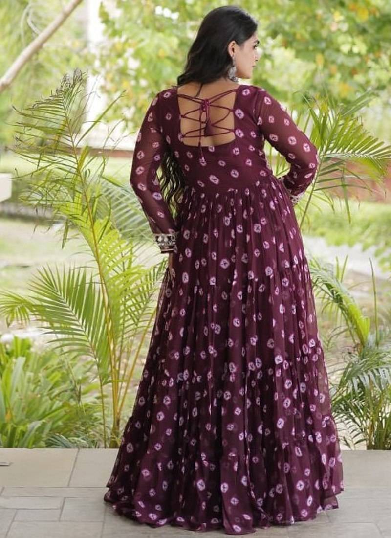 Bandhani print faux georgette gown with kutchi patchwork | 12 meter flair | m-xxl