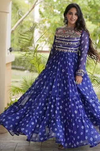 Bandhani print faux georgette gown with kutchi patchwork | 12 meter flair | m-xxl