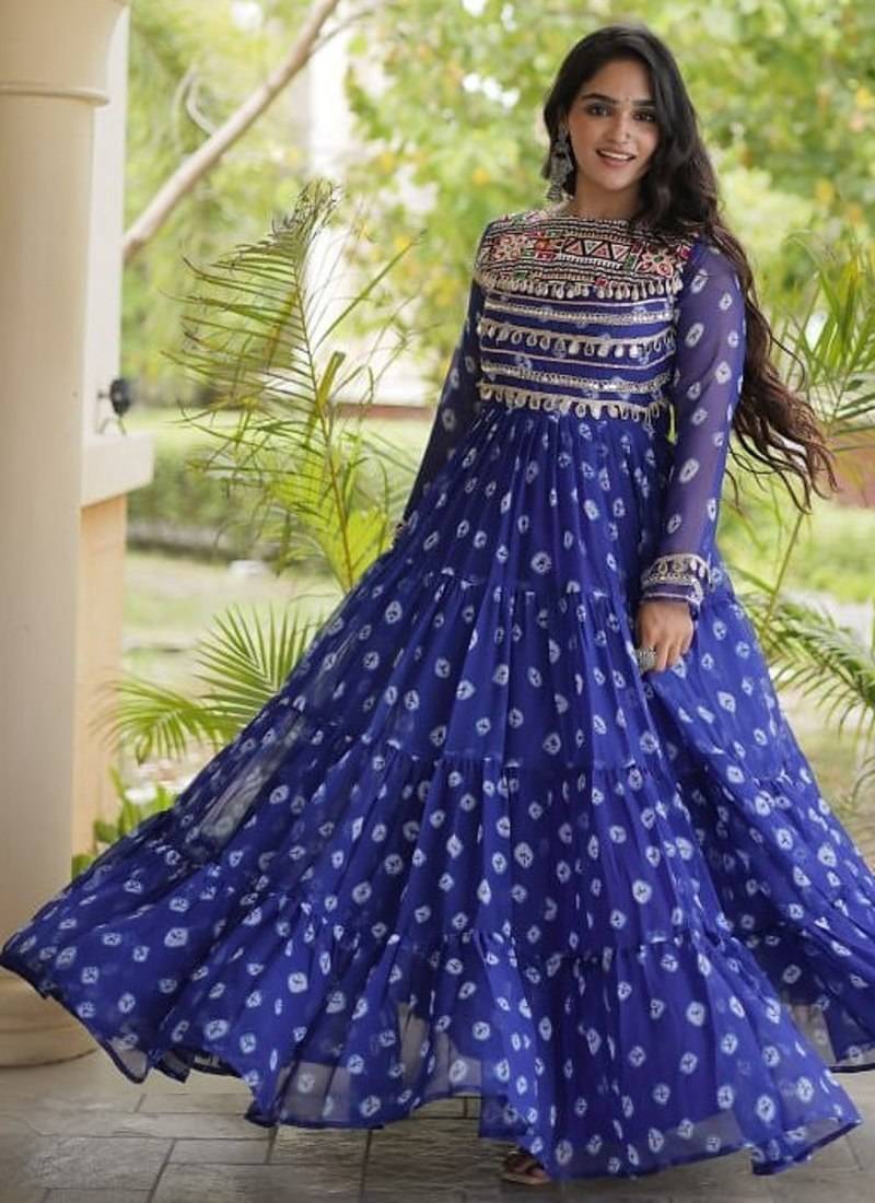 Bandhani print faux georgette gown with kutchi patchwork | 12 meter flair | m-xxl