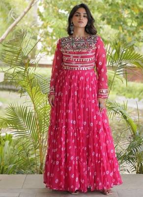 Bandhani print faux georgette gown with kutchi patchwork | 12 meter flair | m-xxl 1
