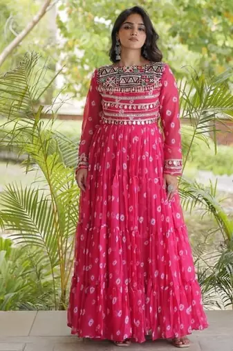 Bandhani print faux georgette gown with kutchi patchwork | 12 meter flair | m-xxl