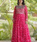 Bandhani print faux georgette gown with kutchi patchwork | 12 meter flair | m-xxl