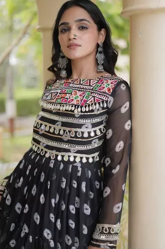 Bandhani print faux georgette gown with kutchi patchwork | 12 meter flair | m-xxl