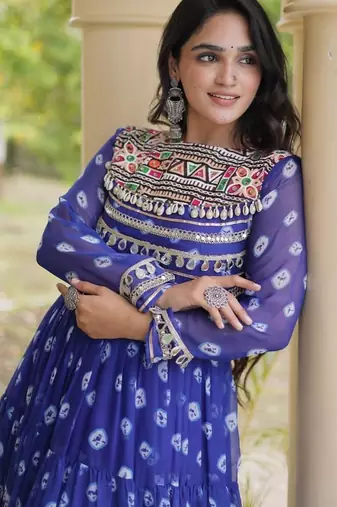 Bandhani print faux georgette gown with kutchi patchwork | 12 meter flair | m-xxl
