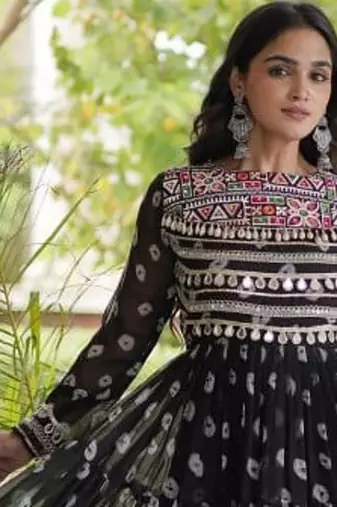 Bandhani print faux georgette gown with kutchi patchwork | 12 meter flair | m-xxl