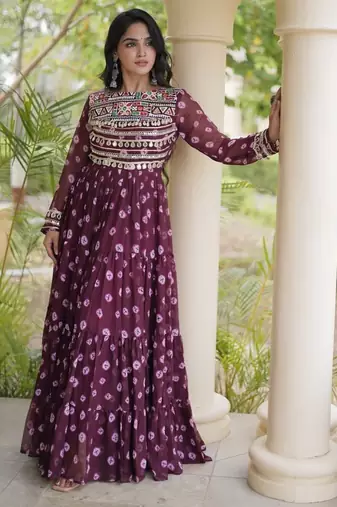 Bandhani print faux georgette gown with kutchi patchwork | 12 meter flair | m-xxl