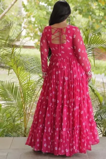 Bandhani print faux georgette gown with kutchi patchwork | 12 meter flair | m-xxl