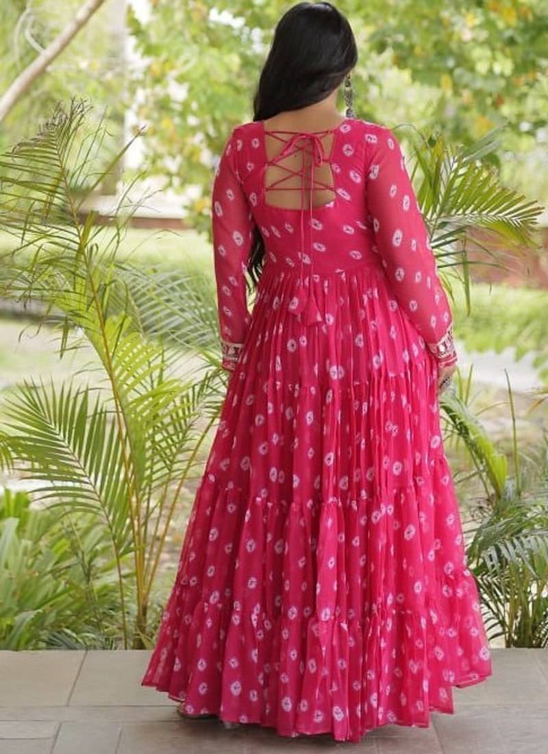 Bandhani print faux georgette gown with kutchi patchwork | 12 meter flair | m-xxl