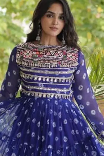 Bandhani print faux georgette gown with kutchi patchwork | 12 meter flair | m-xxl