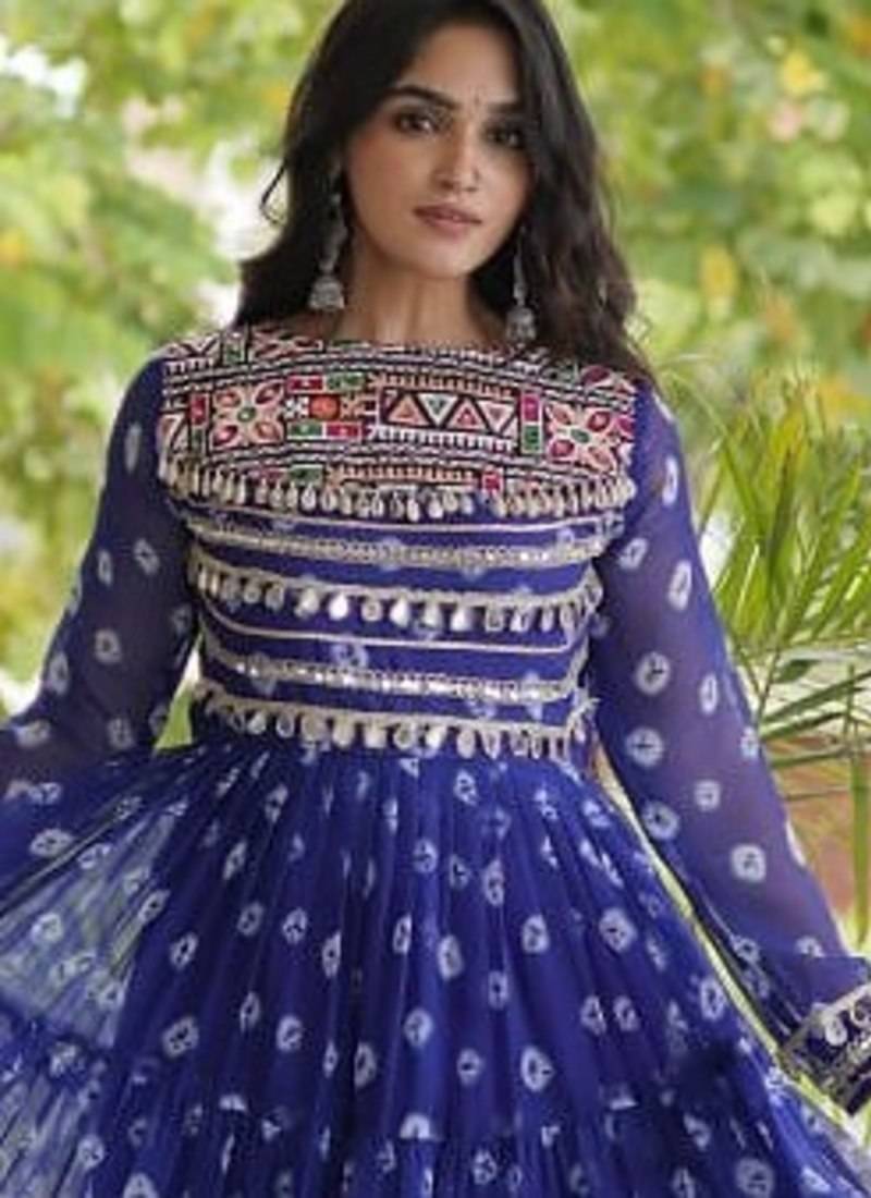 Bandhani print faux georgette gown with kutchi patchwork | 12 meter flair | m-xxl