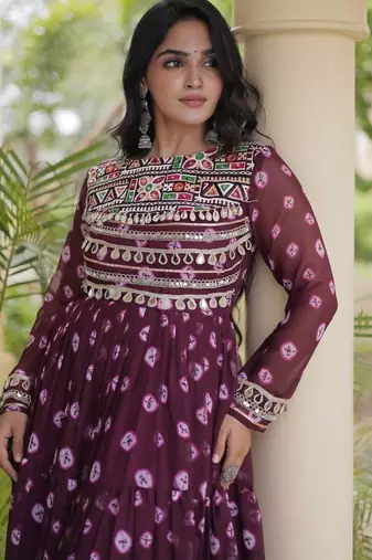 Bandhani print faux georgette gown with kutchi patchwork | 12 meter flair | m-xxl