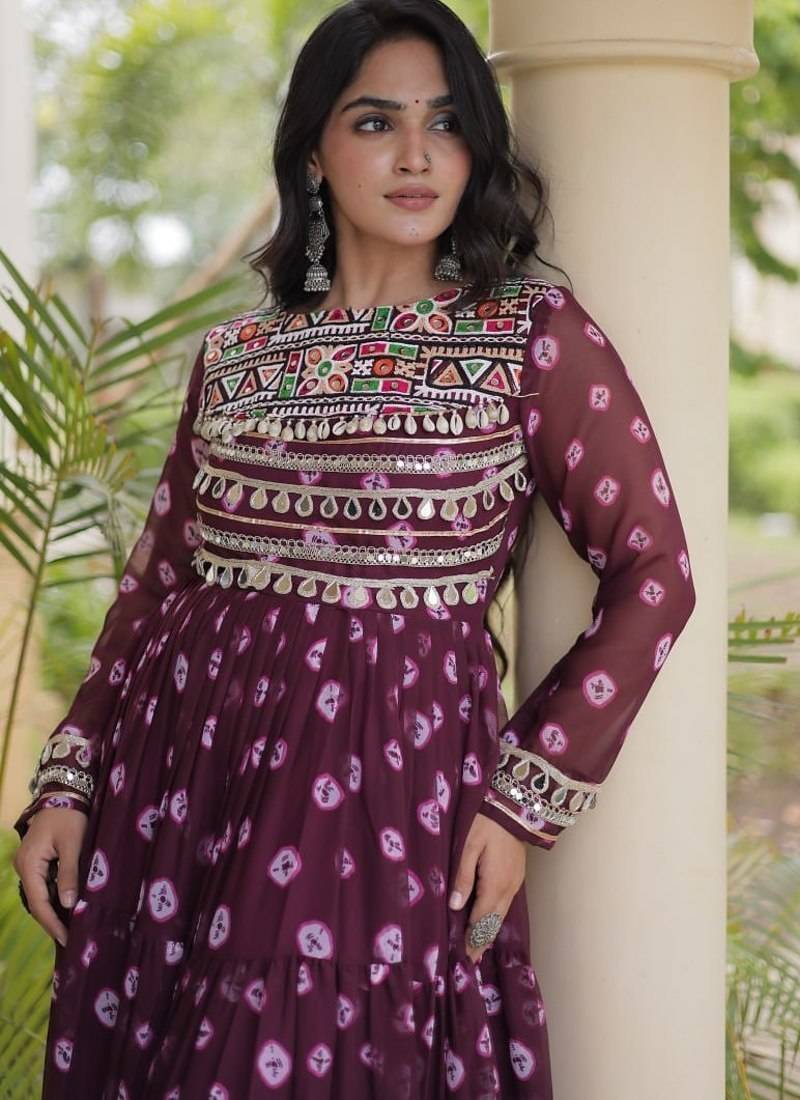 Bandhani print faux georgette gown with kutchi patchwork | 12 meter flair | m-xxl