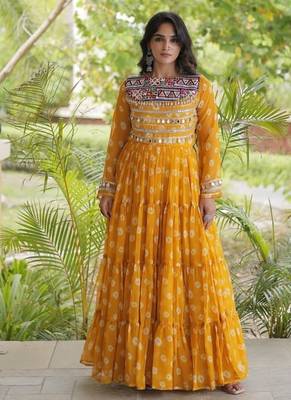 Bandhani print faux georgette gown with kutchi patchwork | 12 meter flair | m-xxl 1