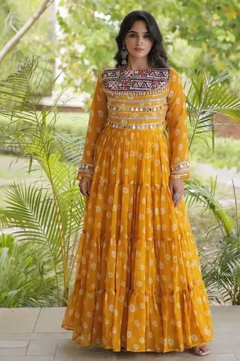 Bandhani print faux georgette gown with kutchi patchwork | 12 meter flair | m-xxl