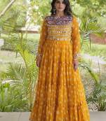 Bandhani print faux georgette gown with kutchi patchwork | 12 meter flair | m-xxl