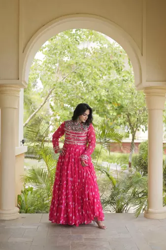 Bandhani print faux georgette gown with kutchi patchwork | 12 meter flair | m-xxl
