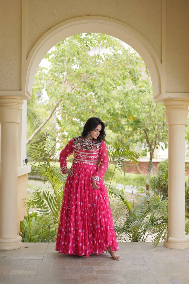 Bandhani print faux georgette gown with kutchi patchwork | 12 meter flair | m-xxl