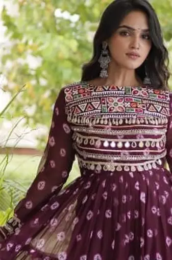 Bandhani print faux georgette gown with kutchi patchwork | 12 meter flair | m-xxl