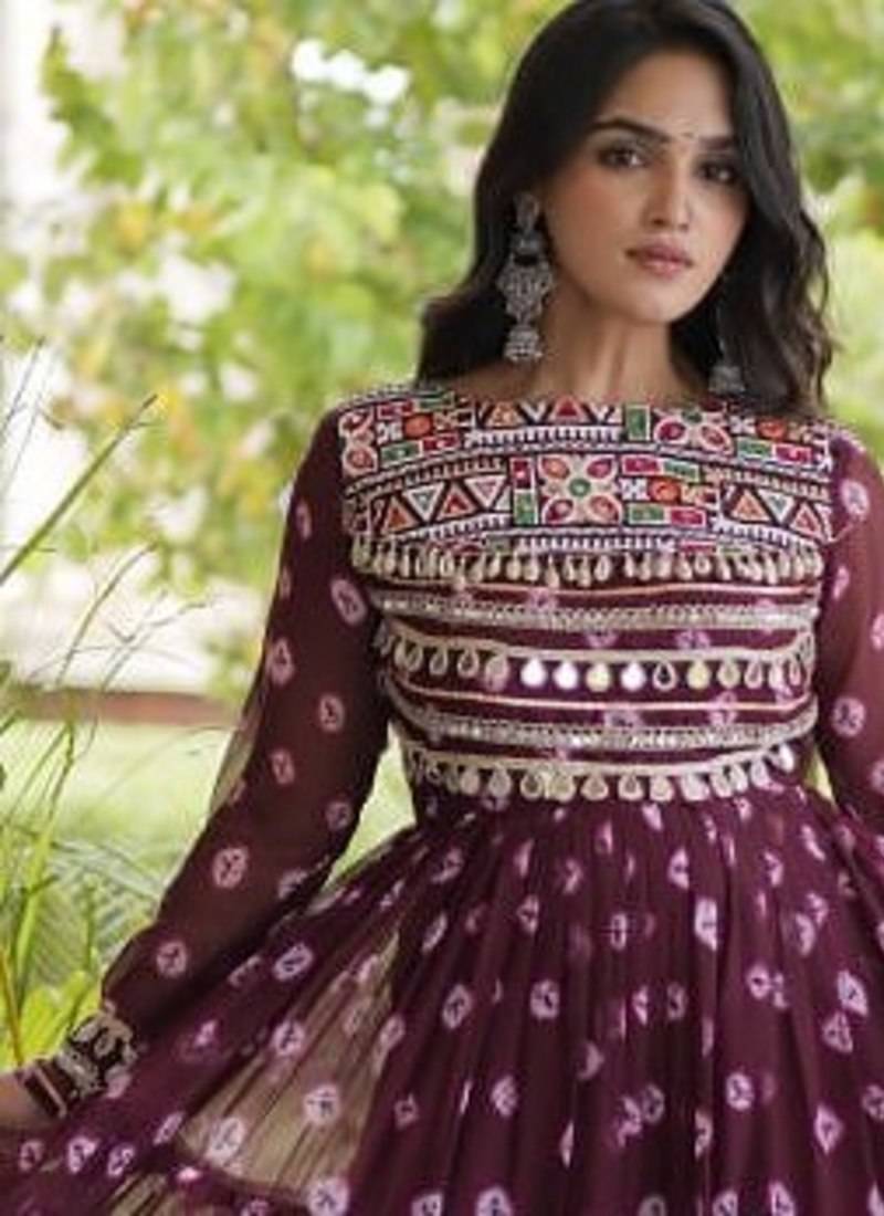 Bandhani print faux georgette gown with kutchi patchwork | 12 meter flair | m-xxl