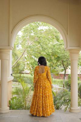 Bandhani print faux georgette gown with kutchi patchwork | 12 meter flair | m-xxl 2