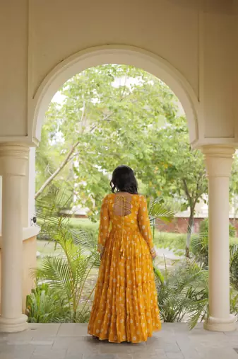 Bandhani print faux georgette gown with kutchi patchwork | 12 meter flair | m-xxl