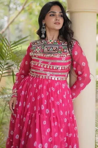 Bandhani print faux georgette gown with kutchi patchwork | 12 meter flair | m-xxl