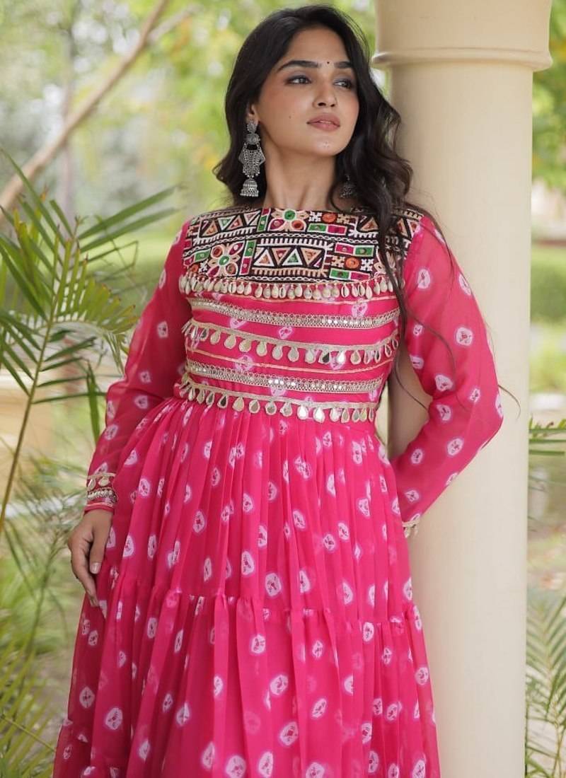 Bandhani print faux georgette gown with kutchi patchwork | 12 meter flair | m-xxl