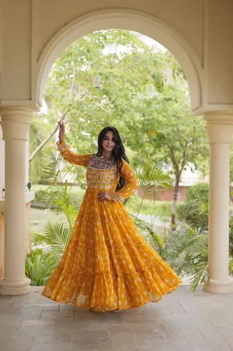 Bandhani print faux georgette gown with kutchi patchwork | 12 meter flair | m-xxl