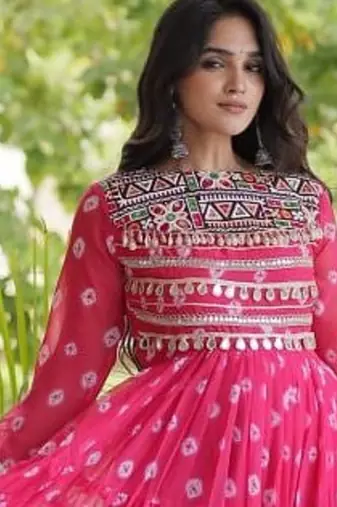Bandhani print faux georgette gown with kutchi patchwork | 12 meter flair | m-xxl